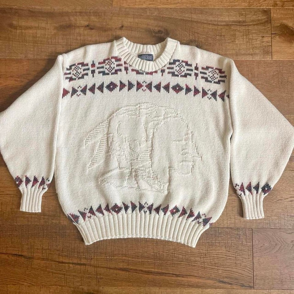Lands End Sweater Mens L Cream Americana Vintage Buffalo Native Knit Cotton